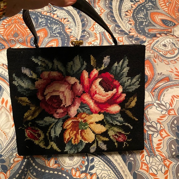 Floral Embroidered Black Handbag - Picture 1 of 2